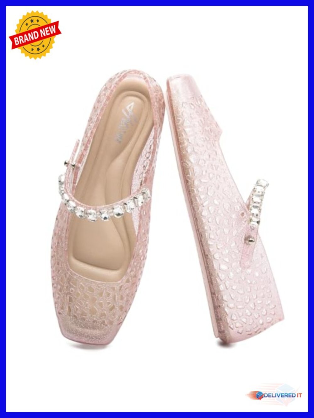 Jelly Flat Sandals with Rhinestone Strap - Square Toe Breathable Mesh Flats